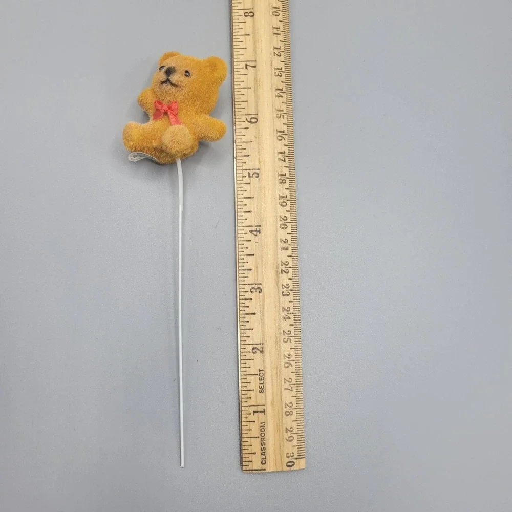 Vintage Flocked Teddy Bear Cake Topper Pick Red Bow Made in Hong Kong